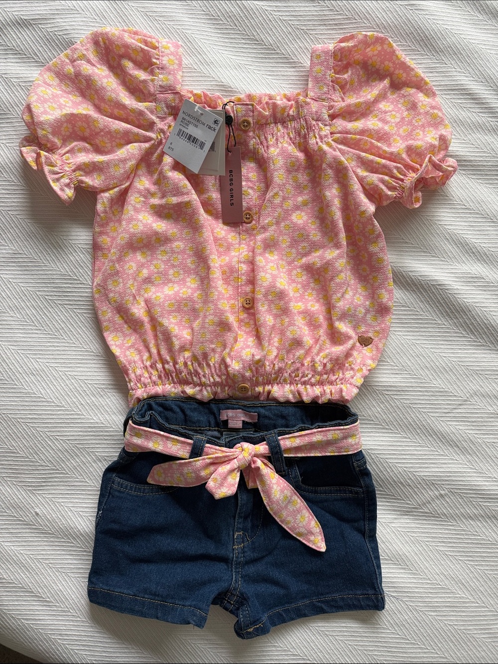 BCBGirls Pink Daisy Puff-Sleeve Top with Dark Blue Denim Shorts